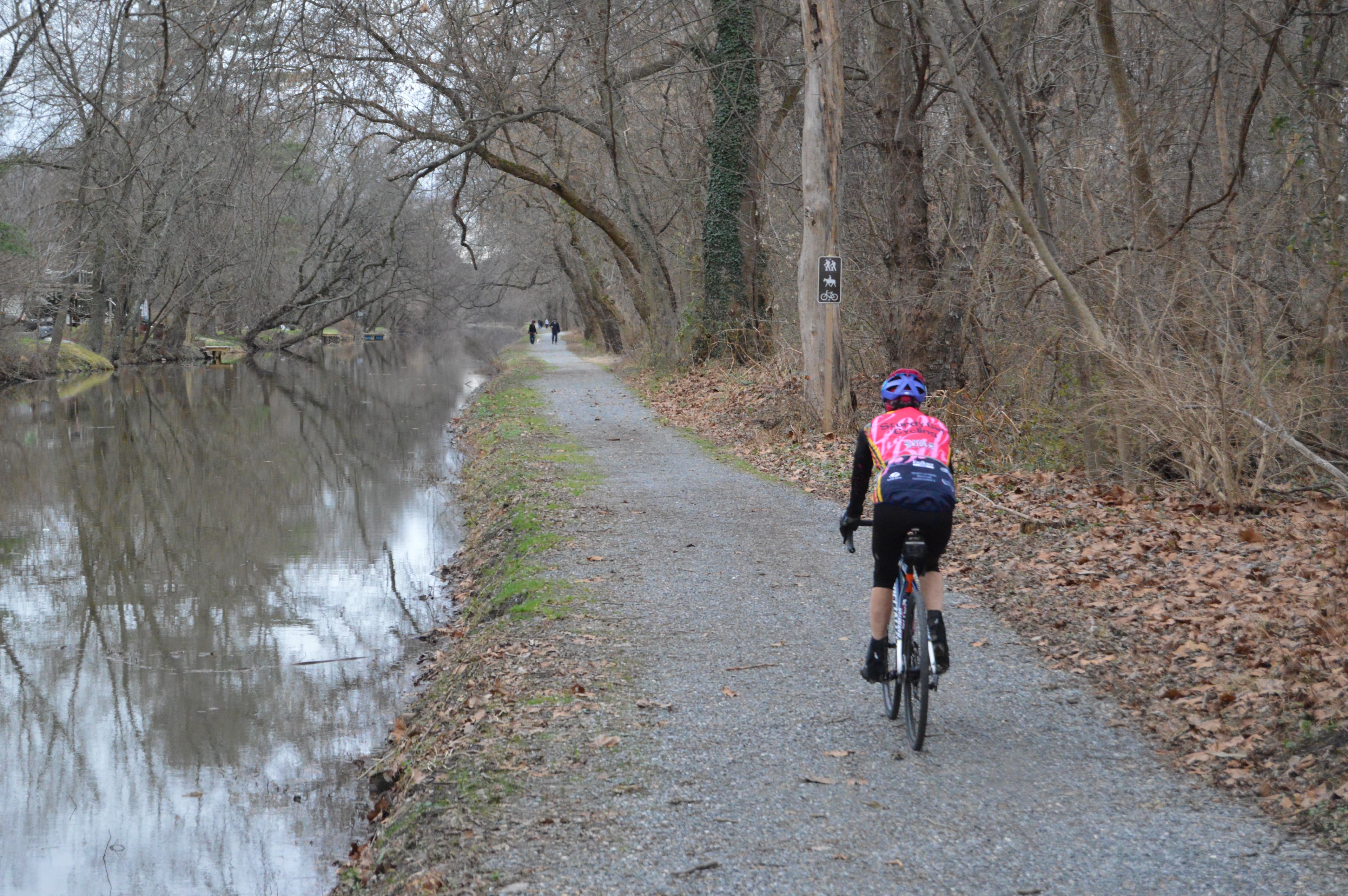 Cyclists biking along the Schuylkill Canal towpath