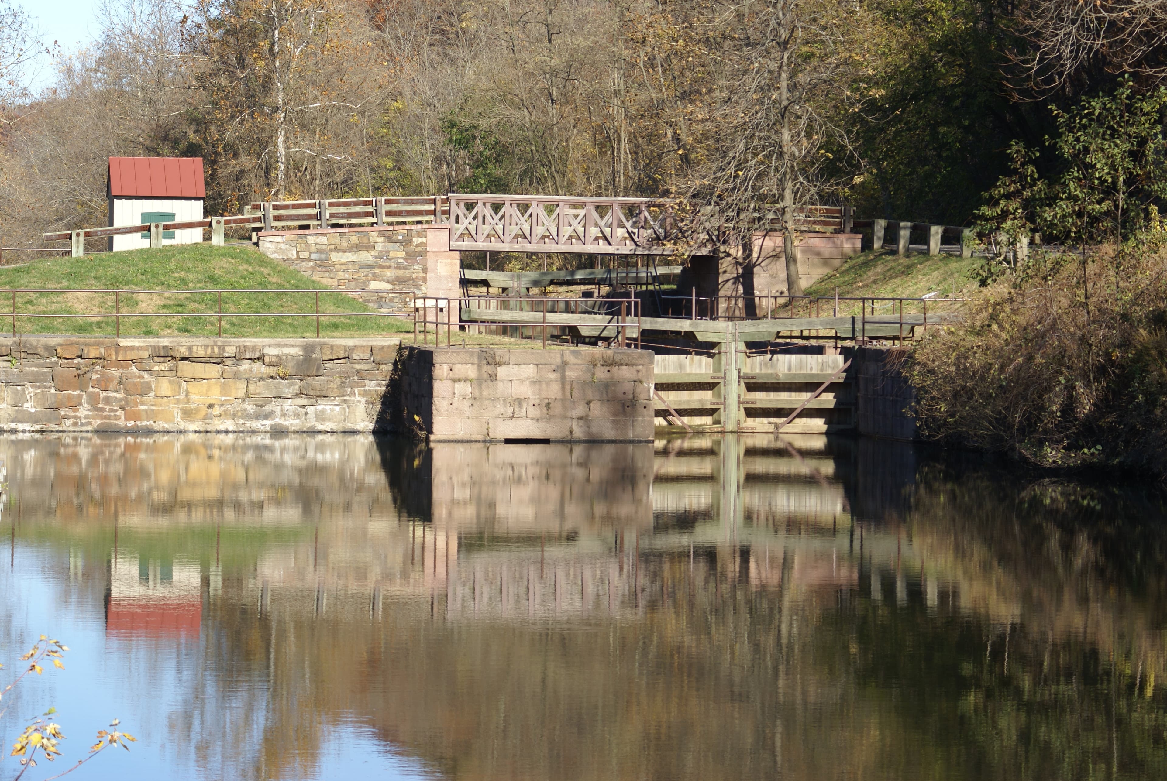 Lock 60 of the Schuylkill Canal with reconstructed bridge and miter gates, Mont Clare PA